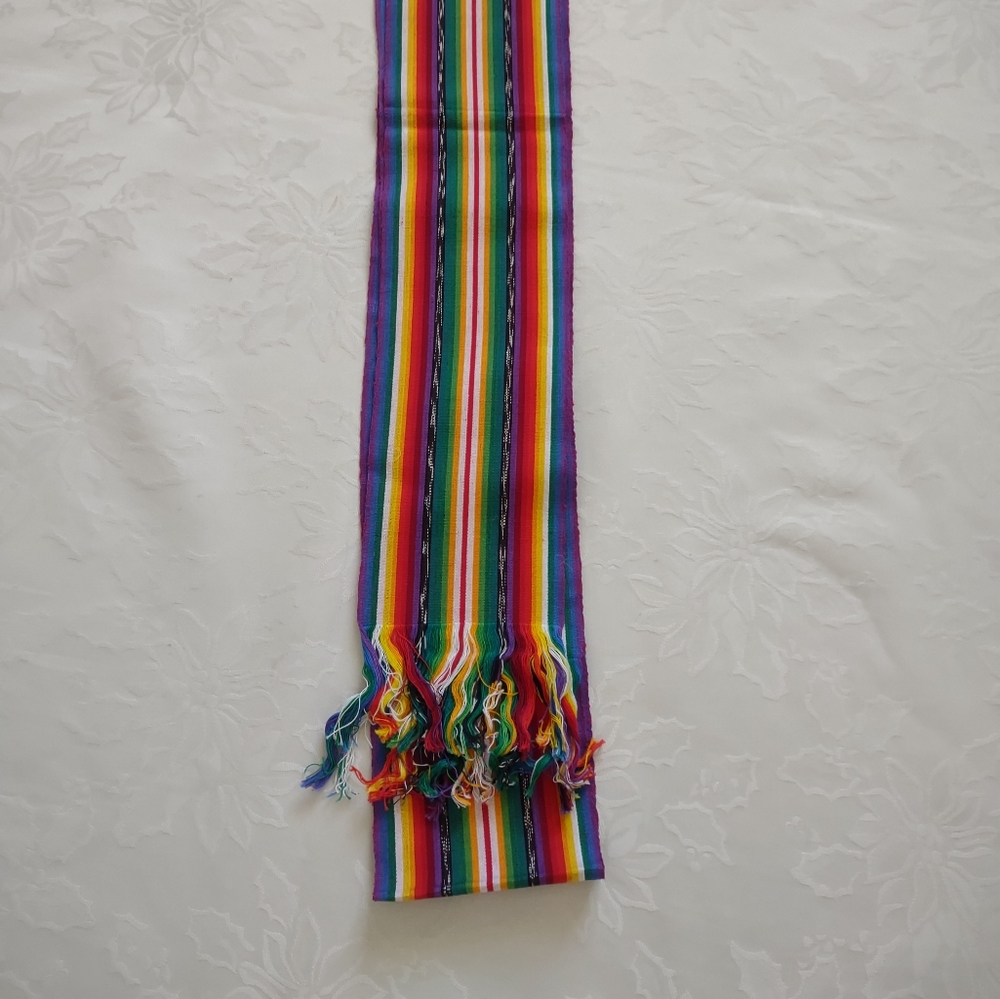 Southwestern woven red yellow multi color stripe sash tie with fringe